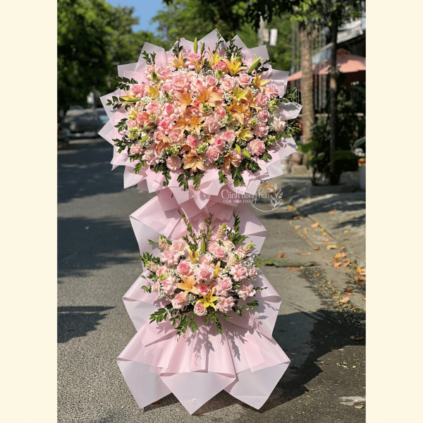 Kệ hoa khai trương tone hồng tươi sáng